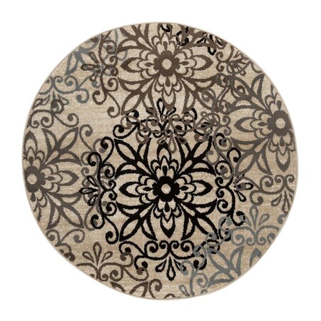 Palacedesigns 5 ft. Floral Medallion Stain Resistant Round Area Rug - Tan - Gray & Black PA3666928